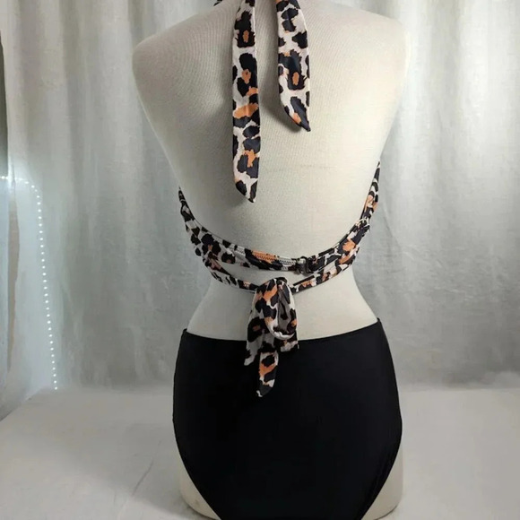 Summer bikini-high waisted black bottoms, animal print halter top L//XL O10 - Picture 5 of 14